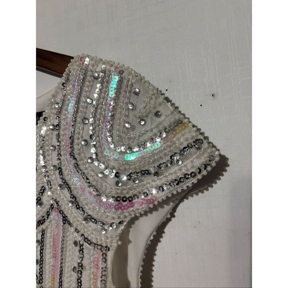 Pretty Guide Women's Size Small Beige Crystal Embellished Party Dress Fringe - Picture 6 of 8